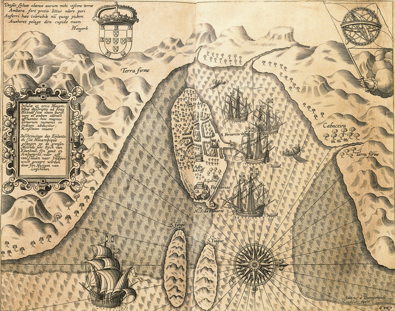 Johannes Hugonis LinschootenとTheodore de Bryによる『東インド諸島』からのモザンビーク沿岸の彫刻。 作： セオドア・ド・ブリー