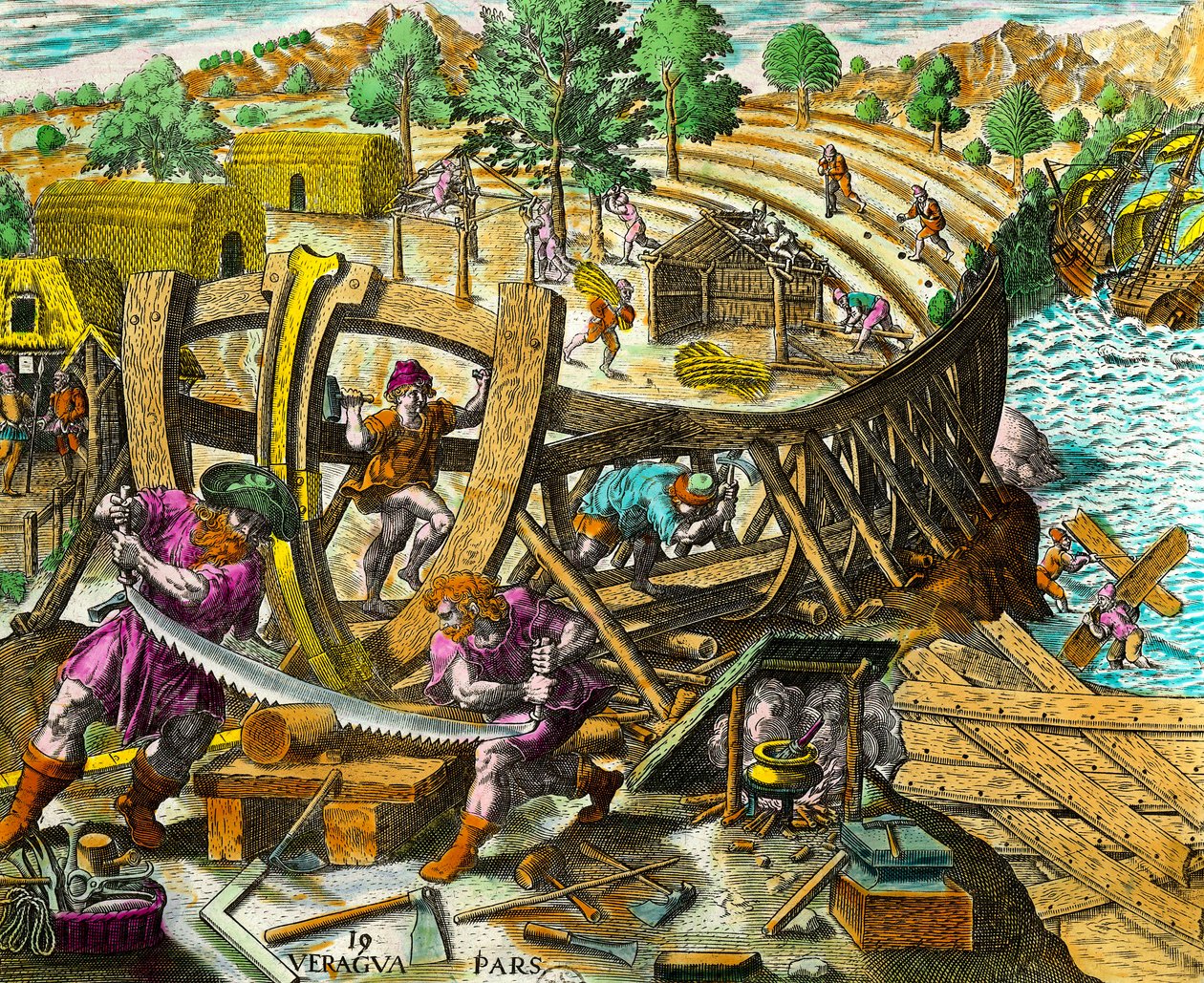 スペインの航海士ヴァスコ・ヌニェス・デ・バルボア（1475-1517）のための船の建造 テオドール・デ・ブライ（1528-1598）の「アメリカ大陸の歴史」からのエングレーヴィング 16世紀個人蔵 作： セオドア・ド・ブリー