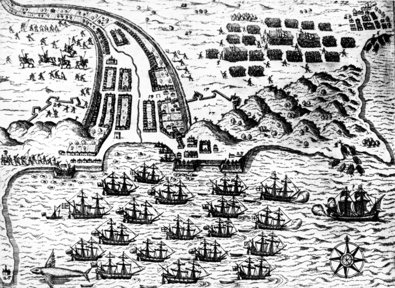 ドレークがカーポ・ヴェルデ島で船「サン・ジャコモ号」を捕獲したのは、1585年、デ・ブライによる 作： セオドア・ド・ブリー