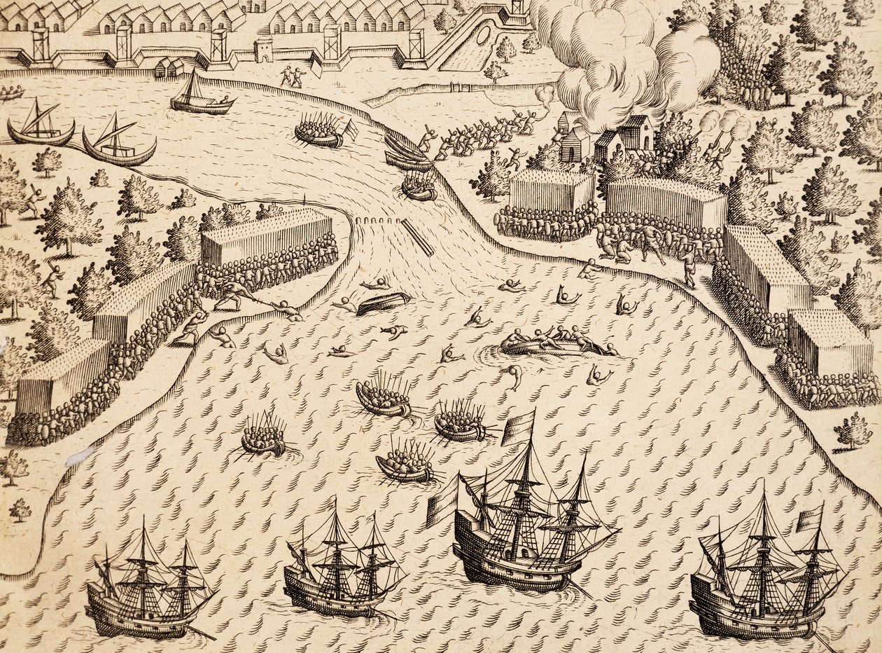 ジャワ島のマドゥラ島に到着したオランダ人（インドネシアのテオドール・デ・ブライ（1528-1598）の『Work India Orientalis』からの版画 作： セオドア・ド・ブリー