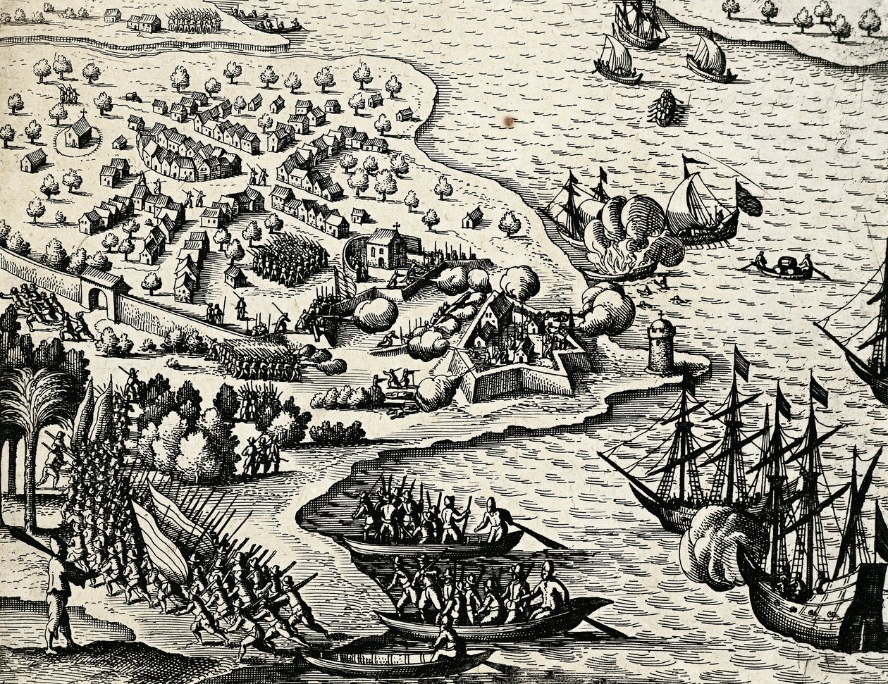 モザンビーク沿岸のオランダ遠征、テオドール・デ・ブライ（1528-1598）の「India orientalis」からの版画 作： セオドア・ド・ブリー