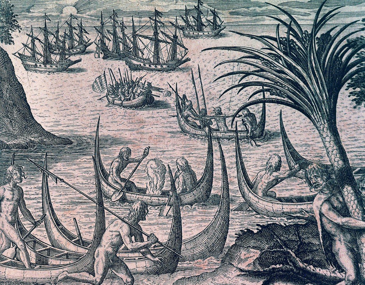 マゼラン海峡を航行するオランダ船、フランクフルトのセオドア・デ・ブライ（1528-1598）の『アメリカ史』からの版画 作： セオドア・ド・ブリー
