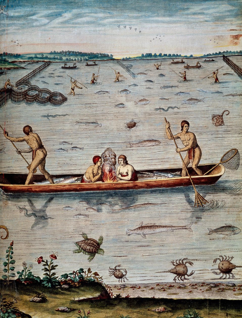 ヴァージニアにおける原住民の漁法（Theodor de Bry（1528-1598）の版画）Admiranda narratio trust tamen, commodis et de incolarvm ritibvs Virginaeより 作： セオドア・ド・ブリー