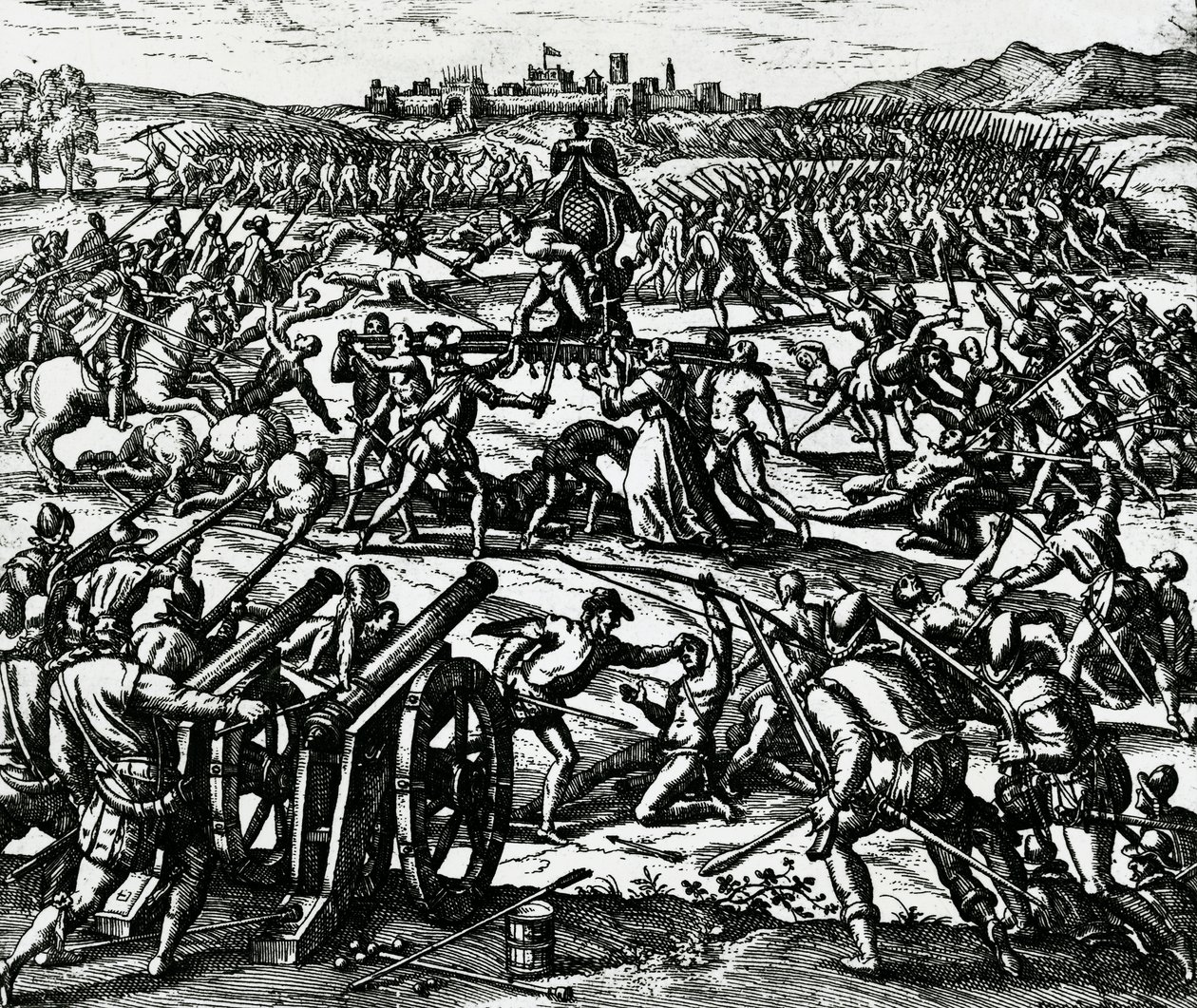カハマルカの戦いでインカ帝国の皇帝アタワルパを捕らえたフランシスコ・ピサロ（1475年頃～1541年）の部隊（11月16日 作： セオドア・ド・ブリー