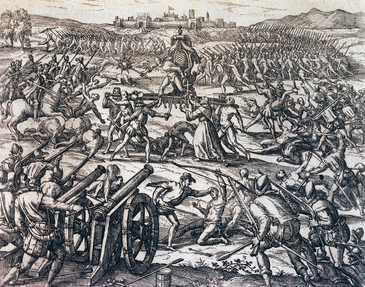 11月16日、カハマルカの戦いでインカ帝国の皇帝アタワルパを捕らえたフランシスコ・ピサロ（1475〜1541年頃）の部隊 作： セオドア・ド・ブリー