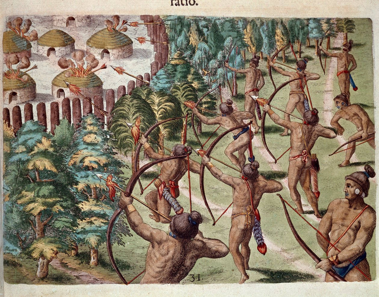 アメリカ史：「インディアンの一族が夜のフロリダの村を襲う」セオドア・デ・ブライ（1528-1598）の「Admirante Narratio Americae」からのエングレービング。 作： セオドア・ド・ブリー