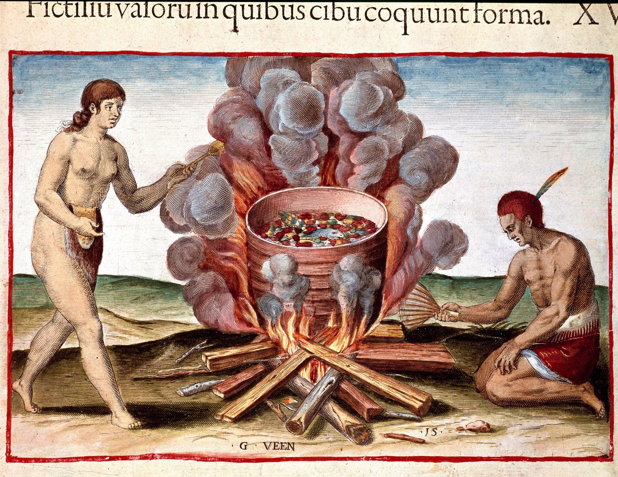 アメリカ史：「魚を調理するインディアン」セオドア・デ・ブライ（1528-1598）の「Admirante Narratio Americae」からのエングレーヴィング。 作： セオドア・ド・ブリー