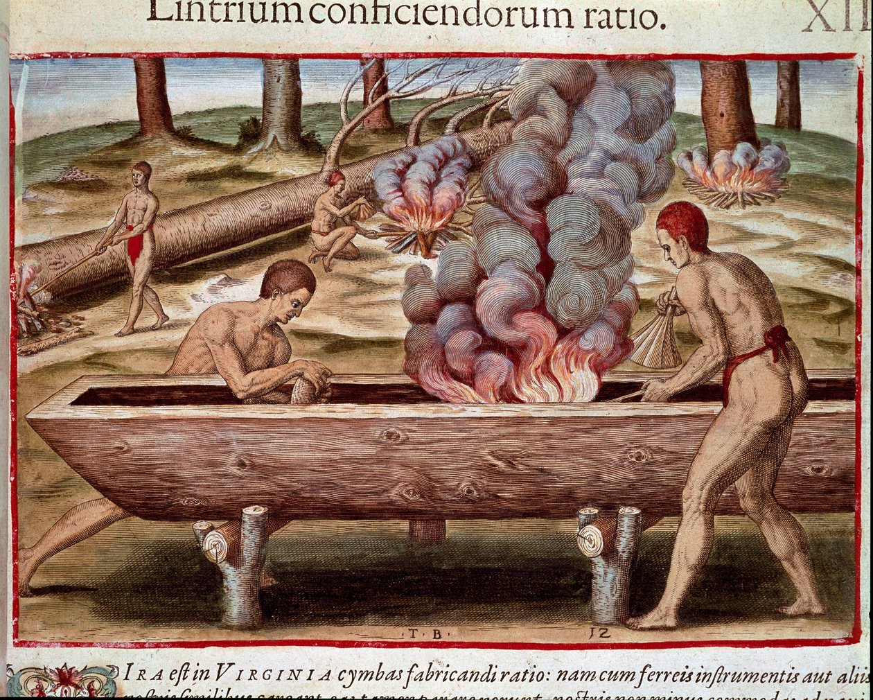 アメリカの歴史：「ボートを作るインディアン」セオドア・デ・ブライ（1528-1598）の「Admirante Narratio Americae」からの版画 作： セオドア・ド・ブリー