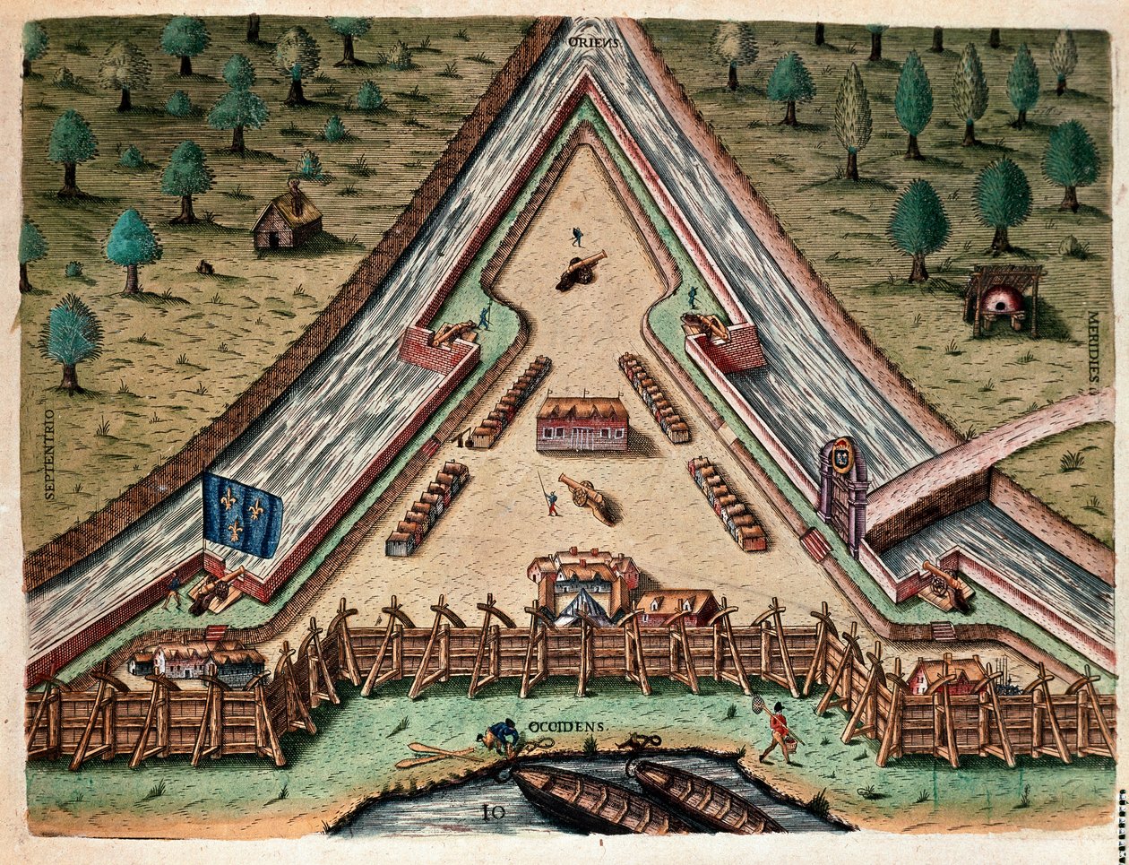 アメリカ史：「カロリナ砦の生活、カロリナの砦」ジャック・ル・モイン（ド・モルグ）（1533-1588）の絵の後にテオドール・デ・ブライ（1528-1598）が描いた「Admirante Narratio Americae」からのエングレーヴィング。 作： セオドア・ド・ブリー