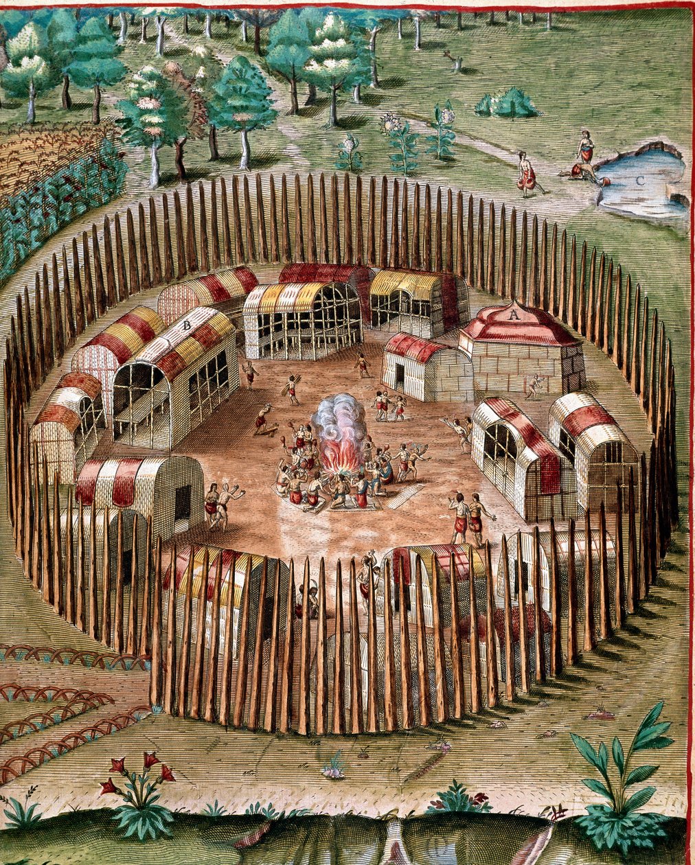 アメリカ史：「1585年のバージニア州の要塞都市ポメイオックの表現」セオドア・デ・ブライ（1528-1598）の「Admirante Narratio Americae」からのエングレーヴィング。 作： セオドア・ド・ブリー