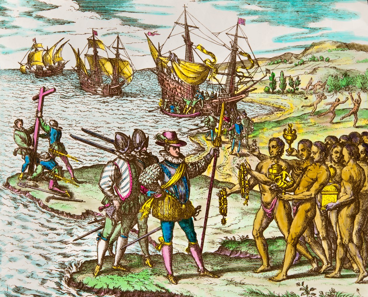 アメリカの歴史：探検家クリストファー・コロンブス（1451-1506）が新大陸到着時にインディアンに歓迎される」 テオドール・デ・ブライ（1528-1598）のエングレーヴィング 16世紀のエングレーヴィング 作： セオドア・ド・ブリー