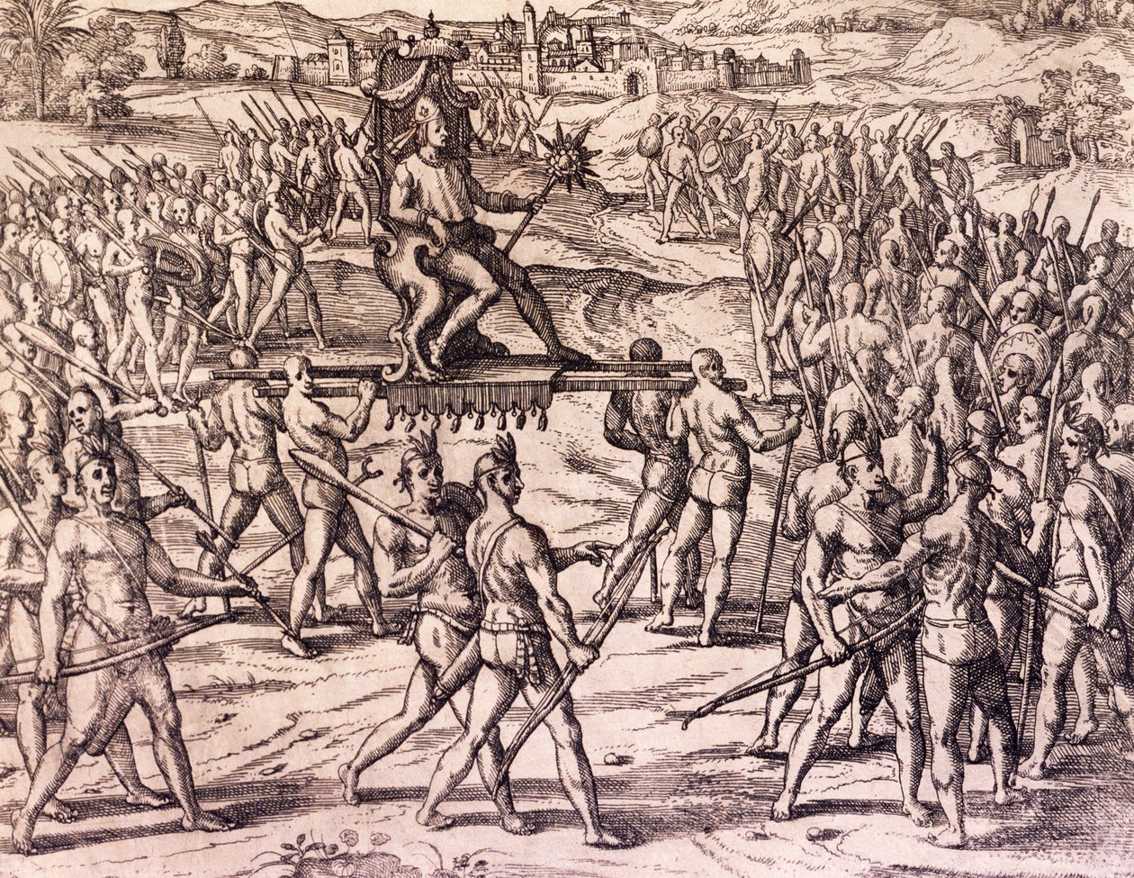 フランシスコ・ピサロ（1475-1541年頃）のスペイン軍に敗れたインカ帝国の皇帝アタワルパ（ペルー）、フランクフルトのテオドール・デ・ブライ（1528-1598年）の「アメリカ史」からの版画。 作： セオドア・ド・ブリー