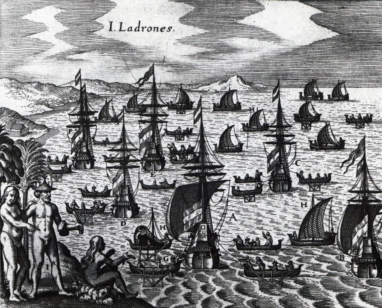 泥棒たちの島（Islas de los Ladrones、現在のマリアナ諸島）、テオドール・デ・ブライ（1528-1598）の『Peregrinationes』からの版画。16世紀 作： セオドア・ド・ブリー