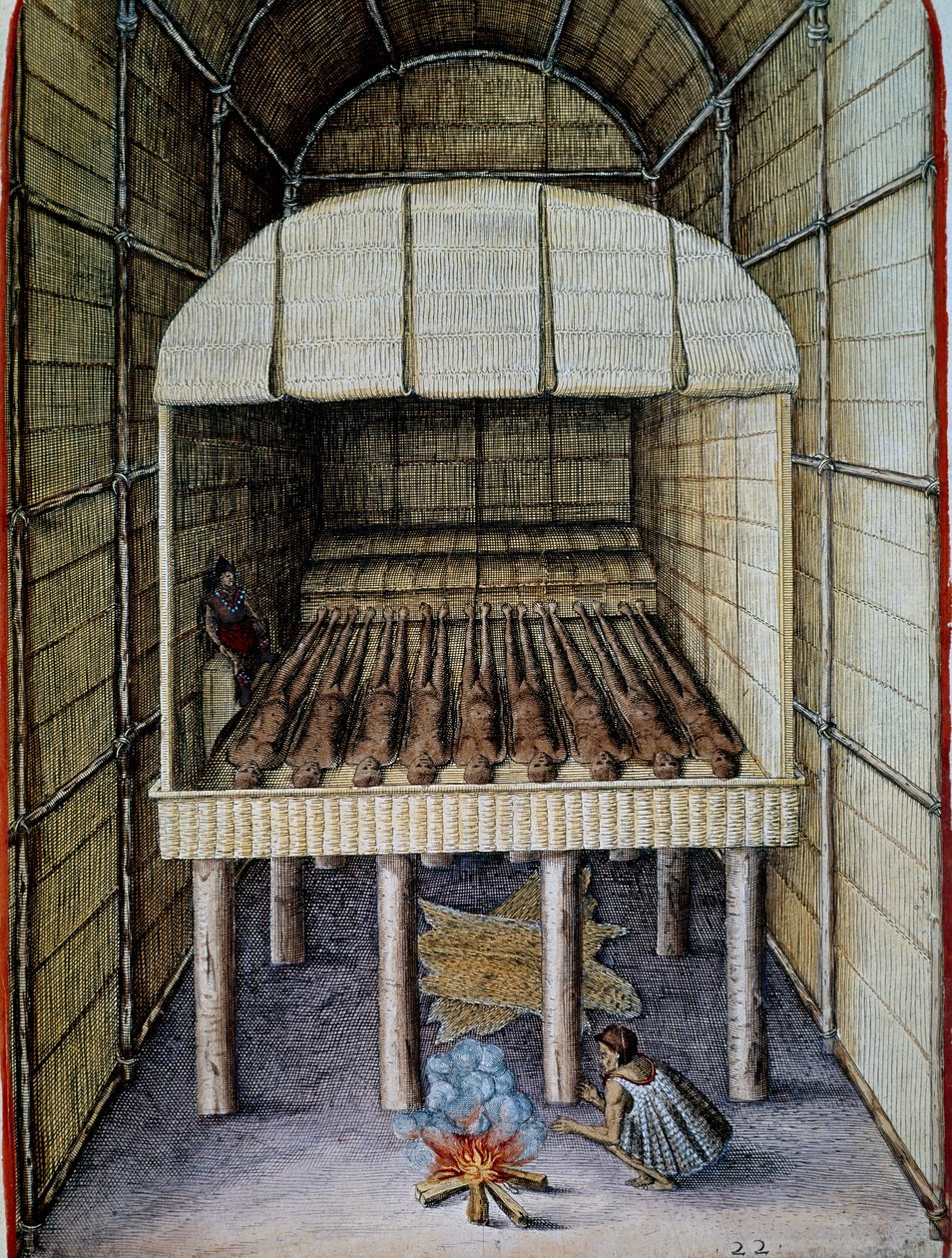 原住民の生活、死者の埋葬、テオドール・デ・ブライ（1528-1598）の彫刻、トーマス・ハリオット（1560-1621）の「Admiranda Narratio, trust tamen, commodis et de incolarvm ritibvs Virginia」より、北米。 作： セオドア・ド・ブリー
