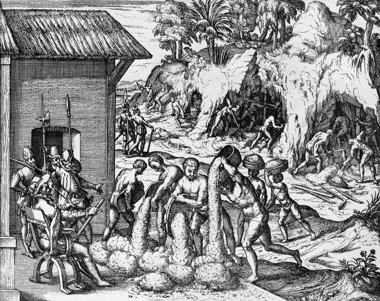テオドール・デ・ブライ（1561-1623）の『Americae pars V』に掲載された中南米の鉱物採掘の様子。 作： セオドア・ド・ブリー