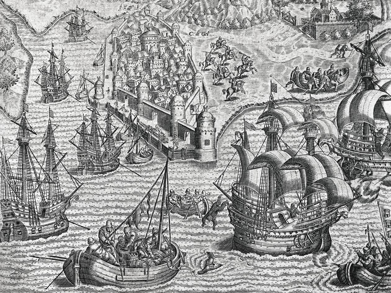 海戦、フランクフルトのテオドール・デ・ブライ（1528-1598）の『アメリカ史』からのエングレービング 作： セオドア・ド・ブリー