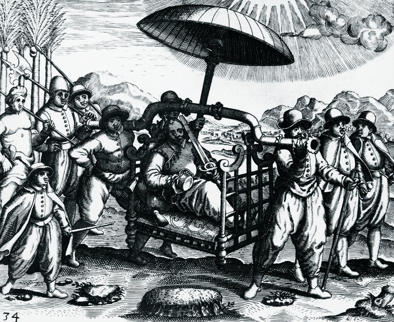 テオドール・デ・ブライ（1528-1598）の『Peregrinationes』からの版画、インドのポルトガル人が駕籠で運ばれる様子。 作： セオドア・ド・ブリー