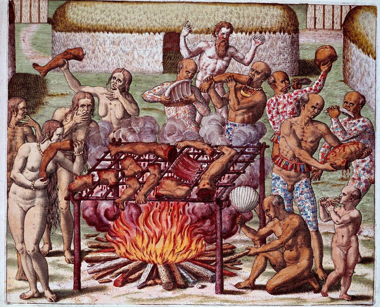 ブラジルでのカニバリズムの様子 インディアンが敵や捕虜を貪る様子。Theodore de Bry（1528-1598）の「Admirante Narratio Americae」からの版画。 作： セオドア・ド・ブリー
