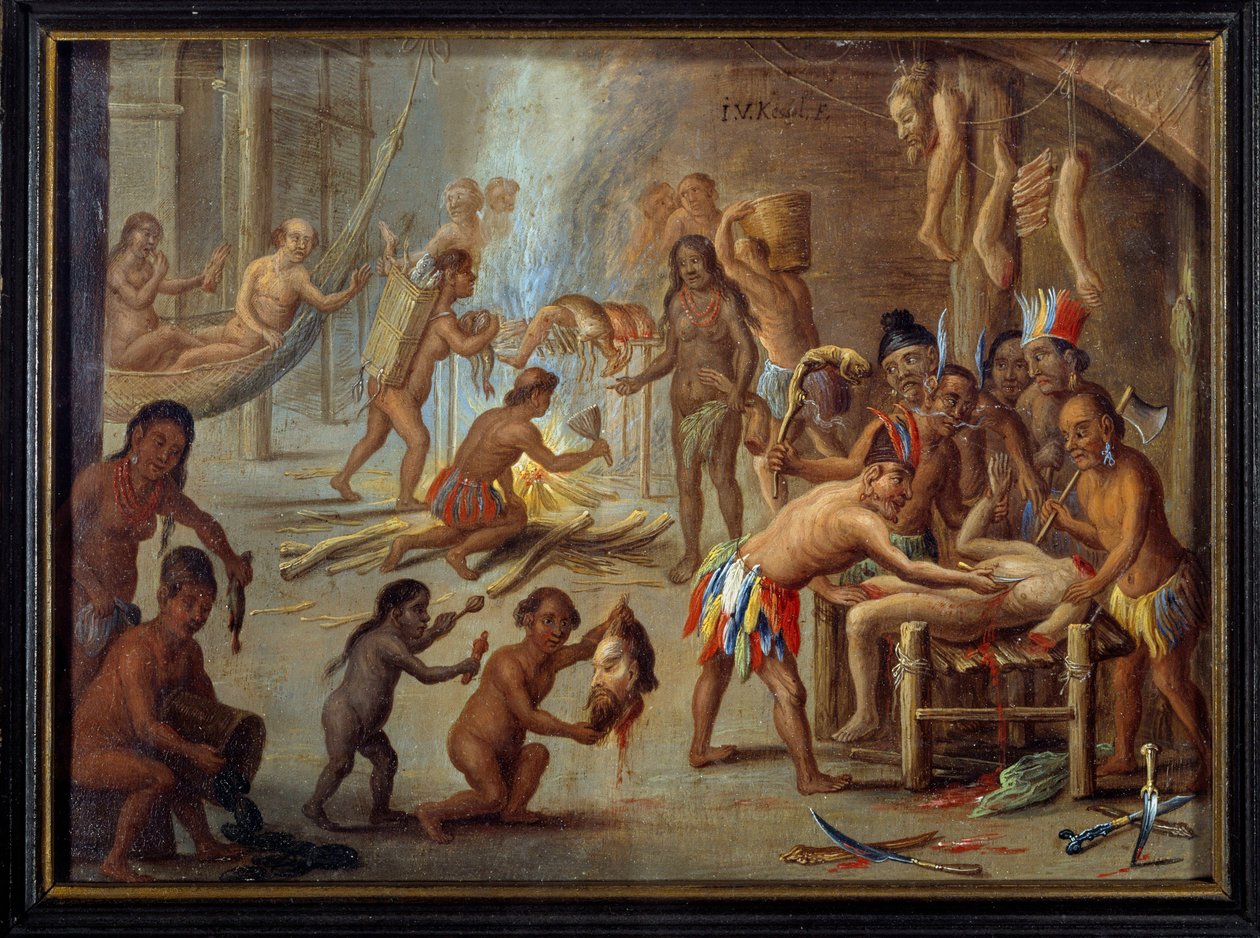 1644年のブラジルでのカニバリズムの様子 インディアンは敵や捕虜を食い尽くした。ヤン・ファン・ケッセル（1626-1679）（ec.flam.）による、セオドア・デ・ブライのブラジル旅行の挿絵より。日。0,18x0,24 m La Rochelle, musee d 作： セオドア・ド・ブリー