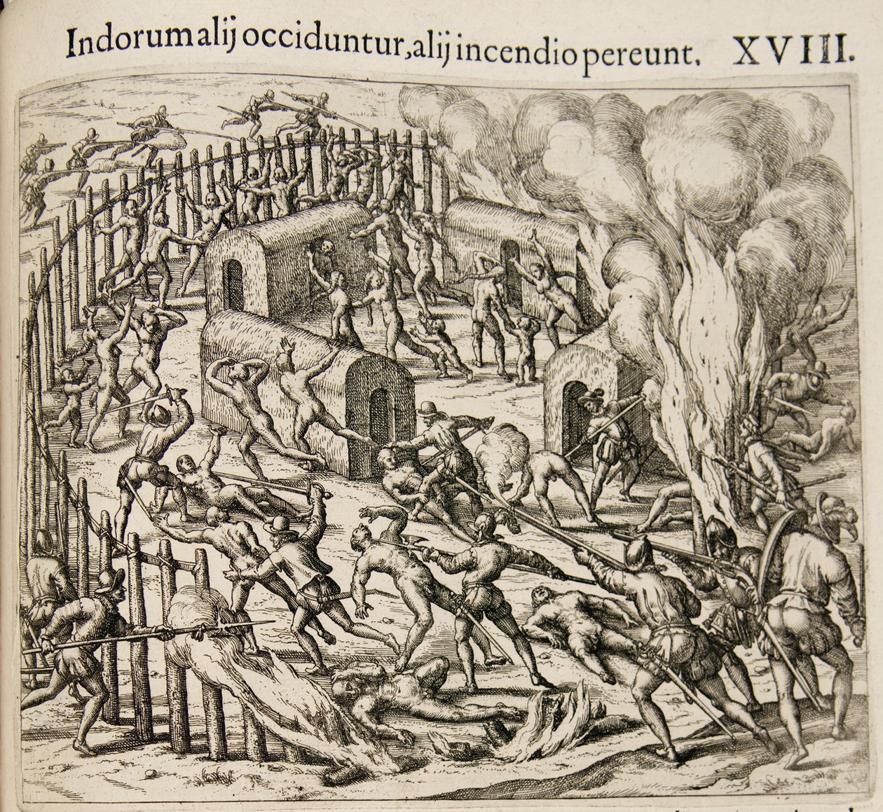 一部のインディアンは殺され、一部は火事で亡くなっています。差出人：Americae pars qvarta 作： セオドア・ド・ブリー