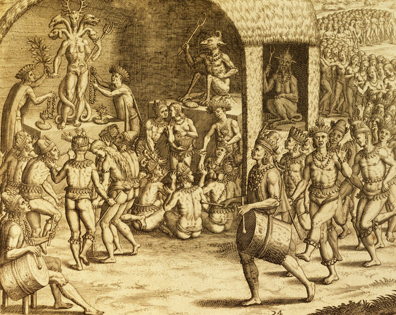 南米の先住民族の宗教儀式、フランクフルトのテオドール・デ・ブライ（1528-1598）の『Historia americae』からの版画 作： セオドア・ド・ブリー