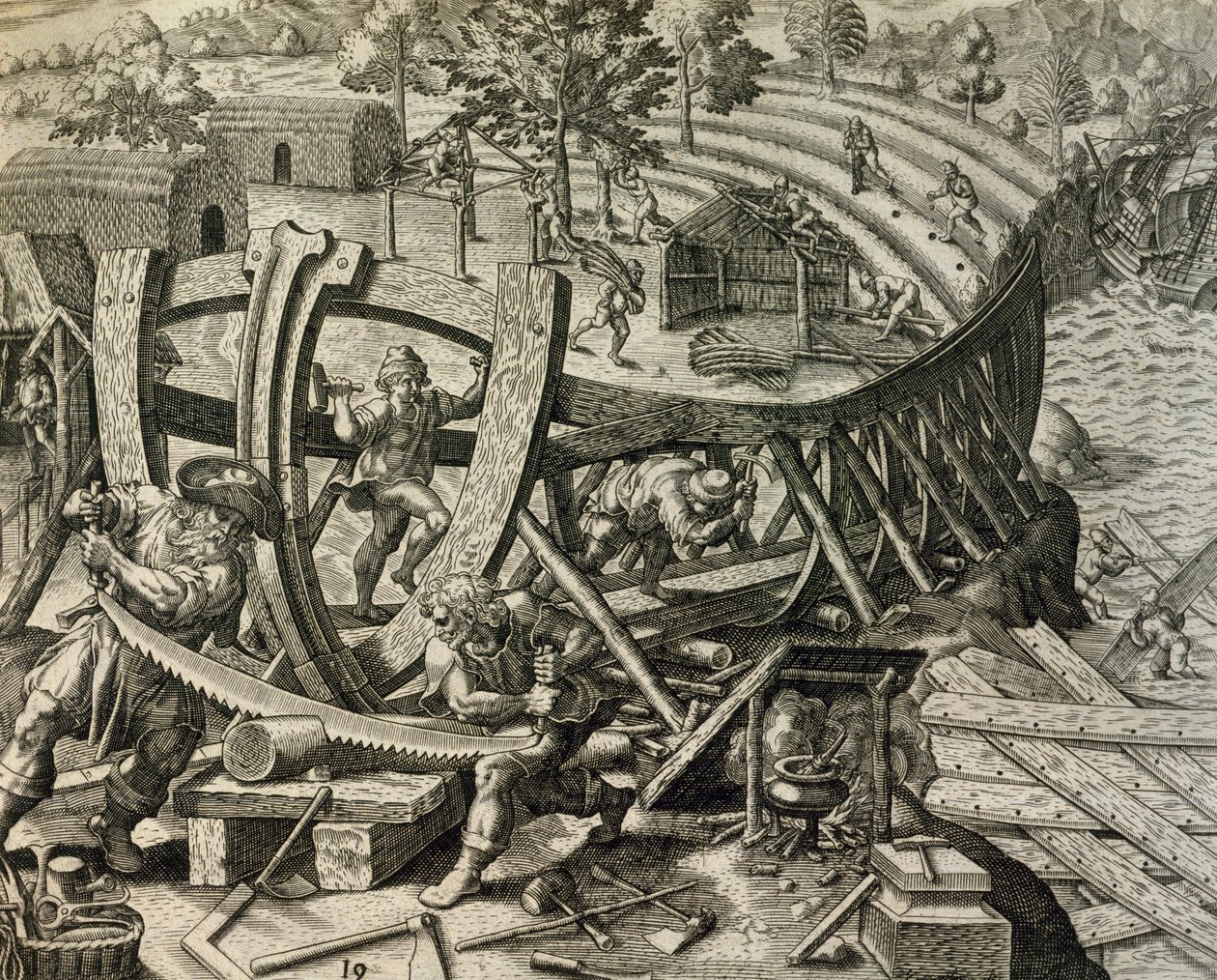 テオドール・デ・ブライ（1528-1598）の『Historia Americae』から、スペインの船員がカラベルを建造する様子を描いた版画。 作： セオドア・ド・ブリー