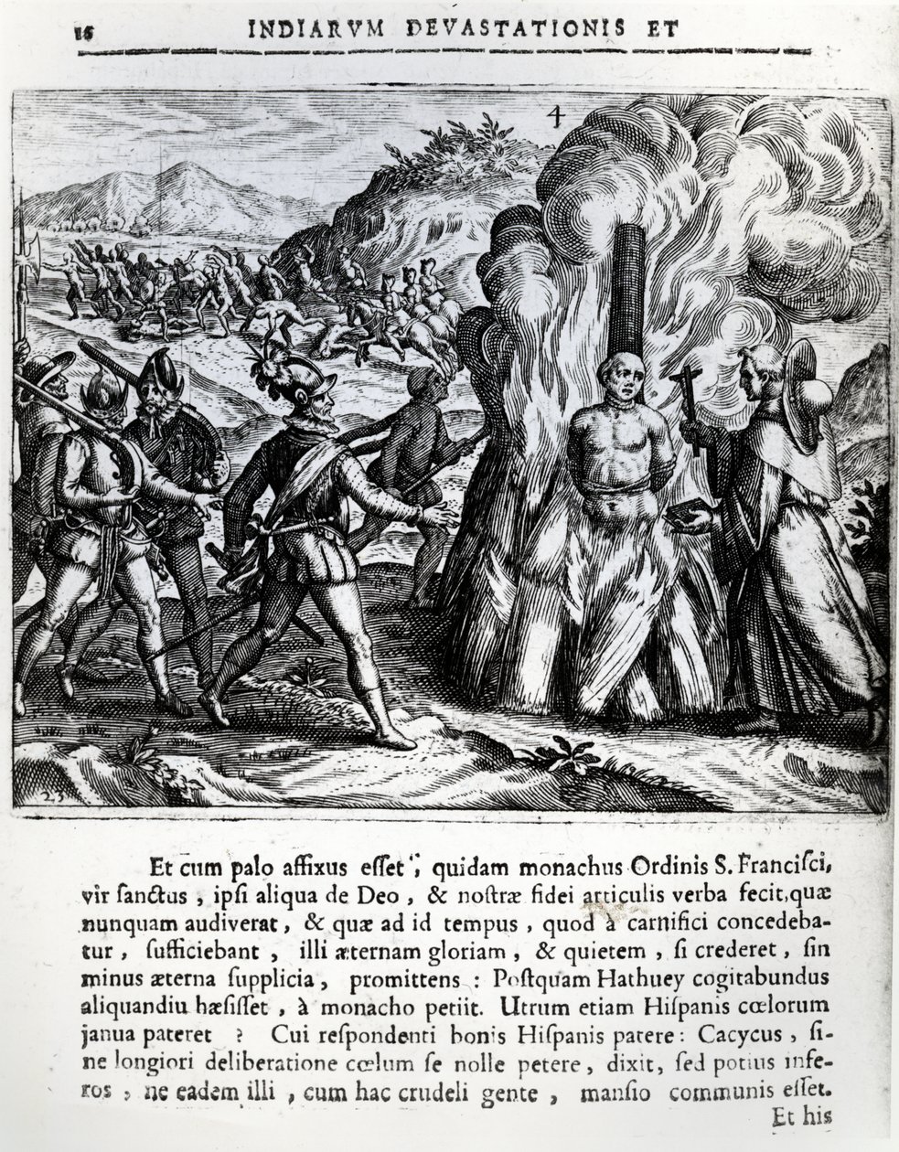 1564年2月2日、キューバのヤラでスペイン人によるHatueyの燃焼 作： セオドア・ド・ブリー