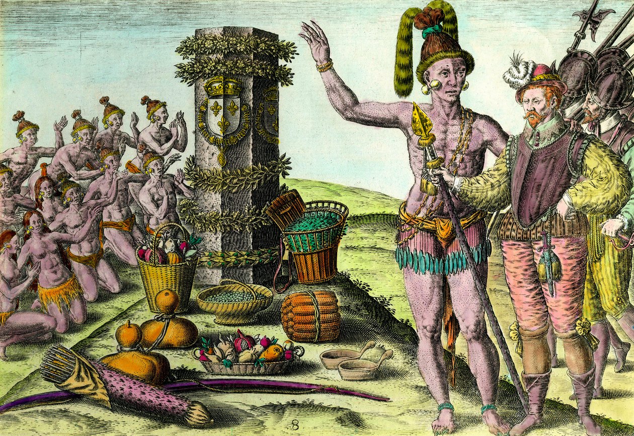 フランス人航海士ジャン・リボー(1520-1565)による第一次フロリダ遠征の際のエリジー列島からフロリダ人がやってきた セオドア・デ・ブライ(1528-1598)の「アメリカ史」からの挿絵 16世紀 個人蔵 作： セオドア・ド・ブリー