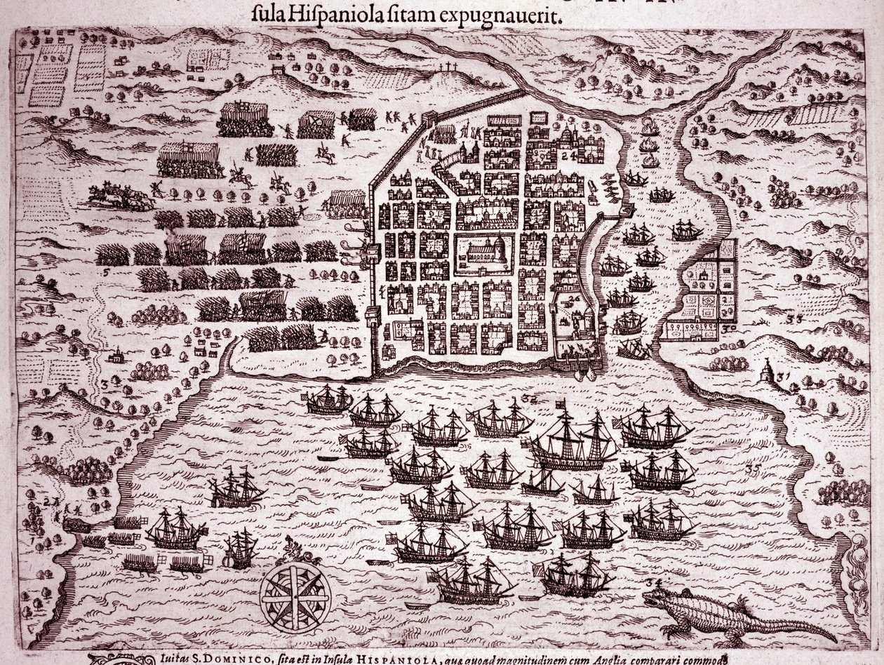 サント・ドミンゴ島を占拠したフランシス・ドレーク艦隊 (Engraving) 作： セオドア・ド・ブリー