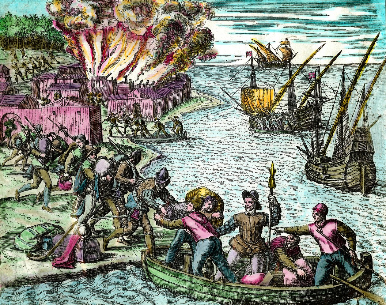 フランス人がカイオランの町を略奪して焼き払った様子 Theodore de Bry (1528-1598) による「アメリカ史」の版画 16世紀 個人蔵 作： セオドア・ド・ブリー