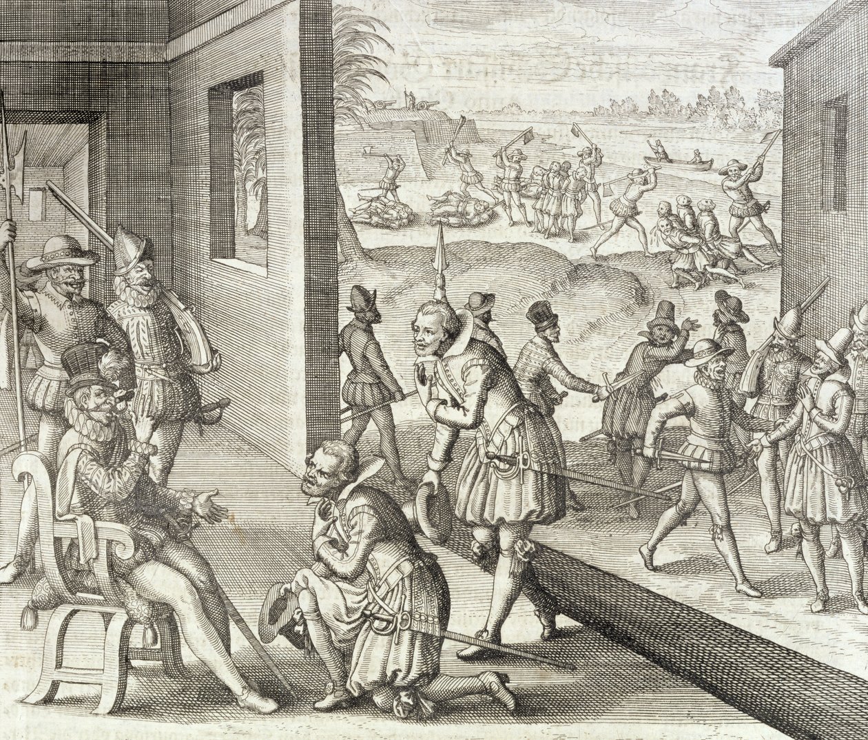 スペインキャプチャキャロライン砦、1565年、ヨハンルートヴィヒゴットフリート著「ニューウェルトとアメリカーニッシュヒストリエン」から、マタイウスメリアン発行、1631年 作： セオドア・ド・ブリー