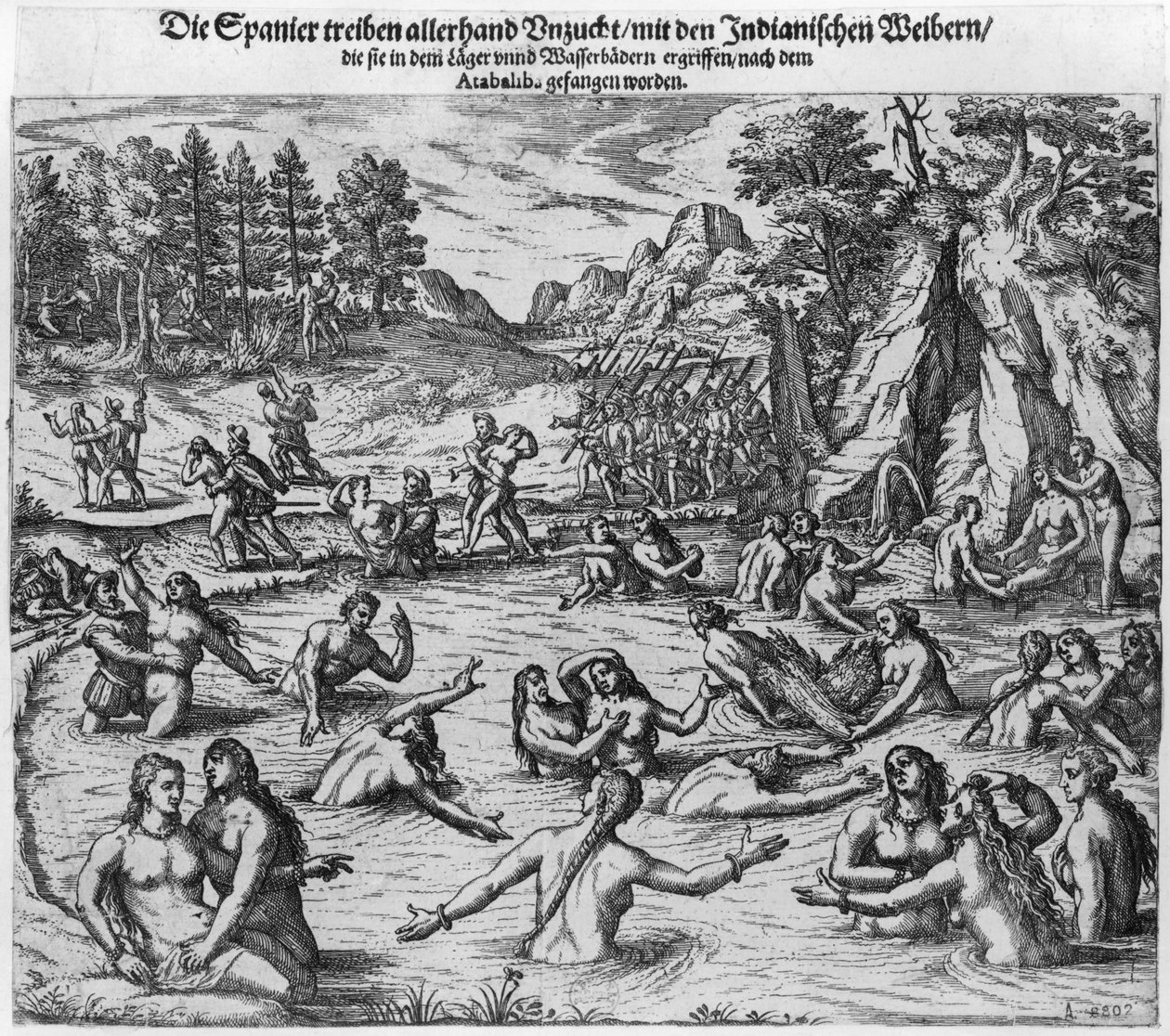 1532年にアタワルパ王（1502-33年頃）を占領したスペイン人がインド人女性を虐待している 作： セオドア・ド・ブリー
