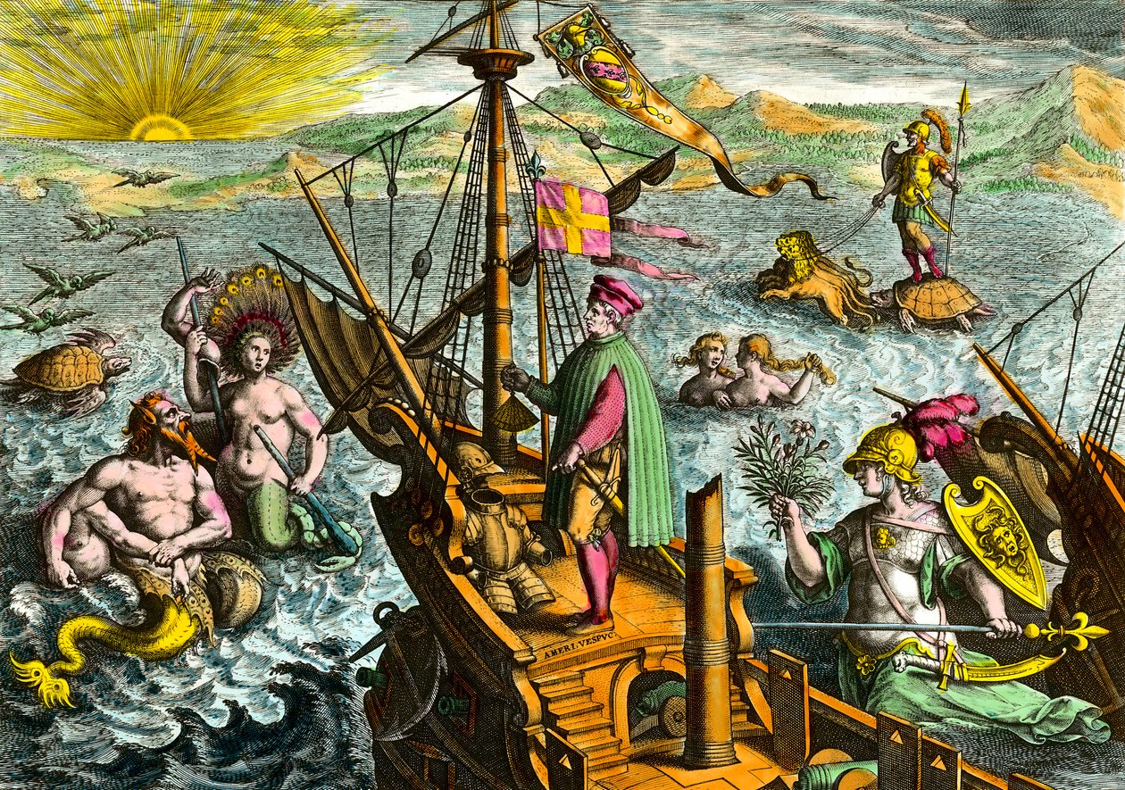 イタリアの航海士アメリゴ・ヴェスプッチ（1454-1512）の船 作： セオドア・ド・ブリー