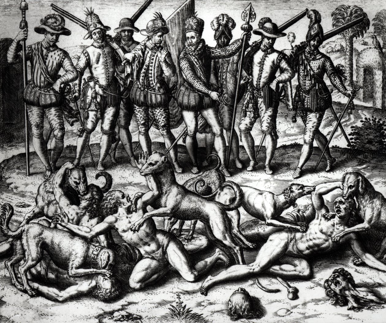 インディアンを攻撃するバスコ・ヌネス・デ・バルボア（1475-1571）の犬 作： セオドア・ド・ブリー
