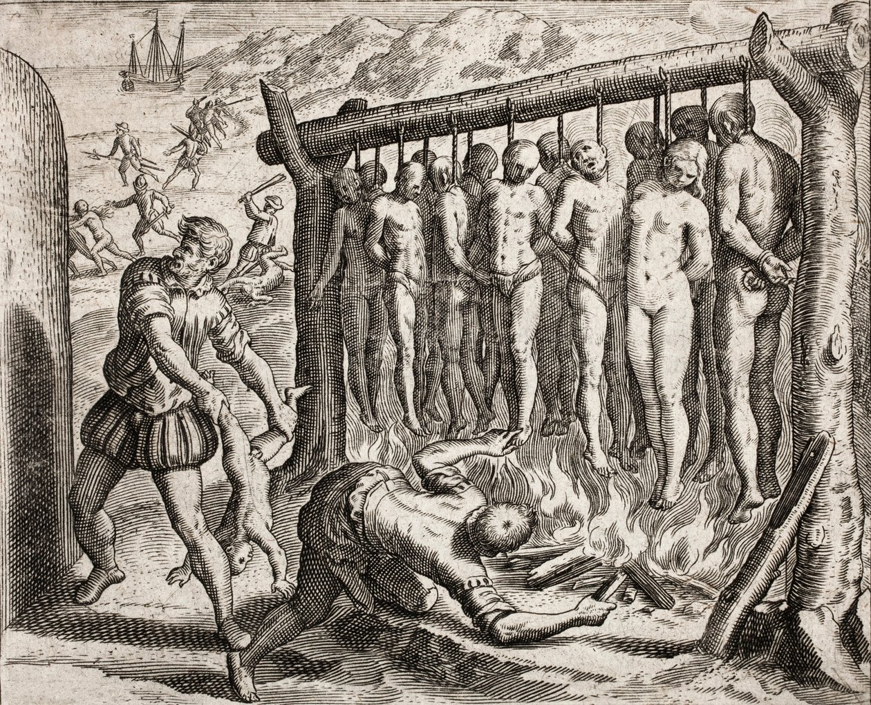 バルトロメ・デ・ラスカサスの「Narratio regionum indicarum per Hispanos quosdam devastatarum verissima」から、スペイン人入植者がインディアンに加えた罪を描いた13人の絞首刑と焼身自殺の図。 作： セオドア・ド・ブリー