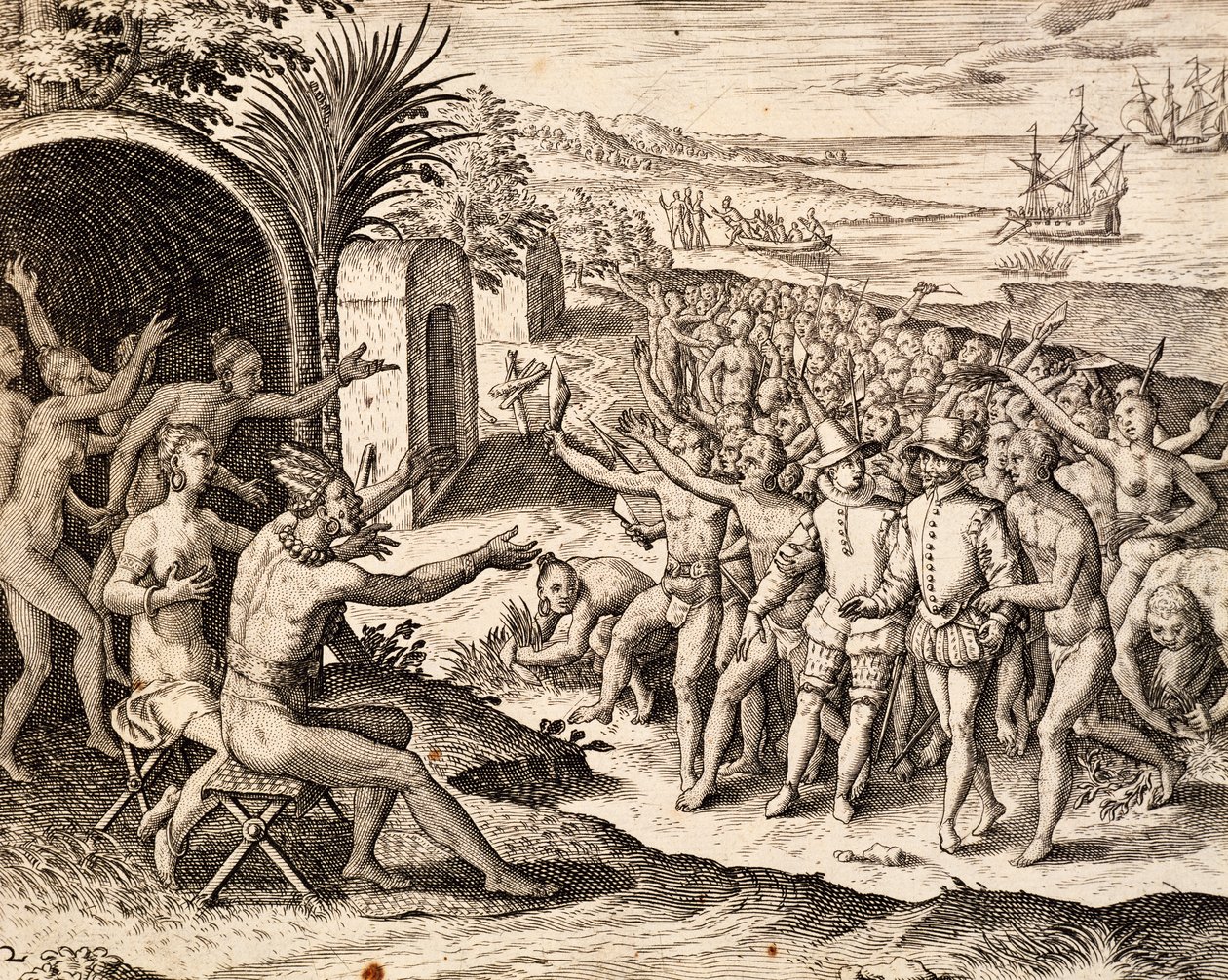 インドネシアのテオドール・デ・ブライ(1528-1598)の作品「India orientalis」からの版画「歓迎するオランダ人」。 作： セオドア・ド・ブリー