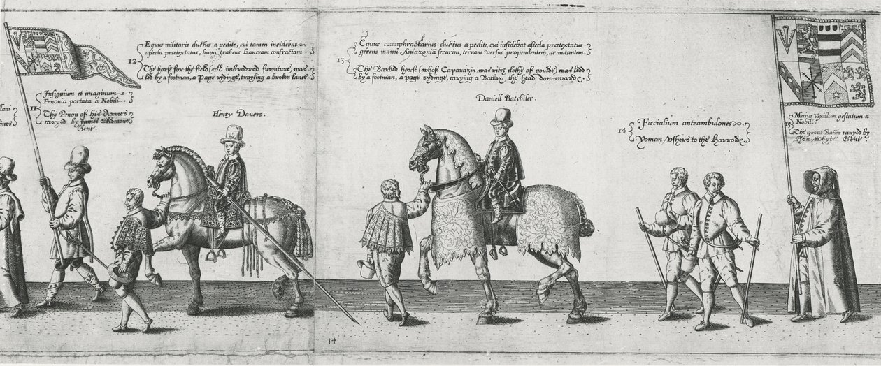 1587年、セントポールズ大聖堂に向かう途中、フィリップシドニー卿の葬儀に参加したヨーメン 作： セオドア・ド・ブリー