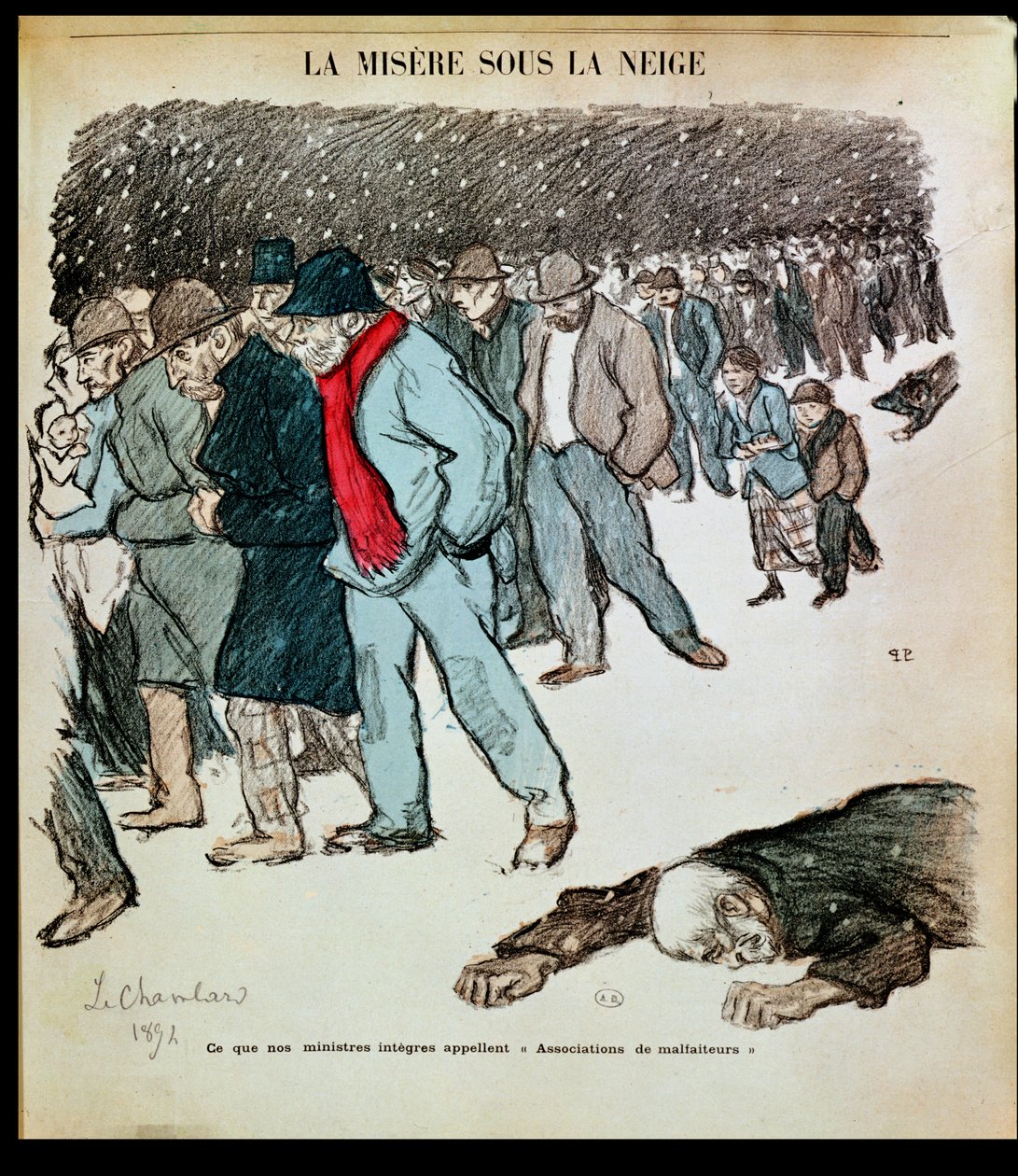 「労働者の悲惨と雪の中で失業者」、「ルシャンバール社会主義」1894年のイラスト 作： テオフィルアレクサンドル・スタインレン