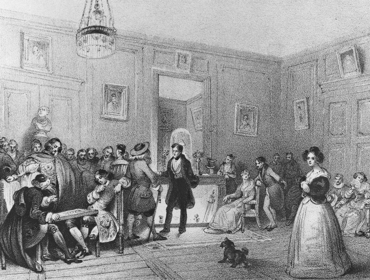1850年代頃、ピエールジョセフカラメルによって彫刻された、劇場フランソワの俳優のホワイエ 作： テオフィル・エヴァリステ・フラゴナール