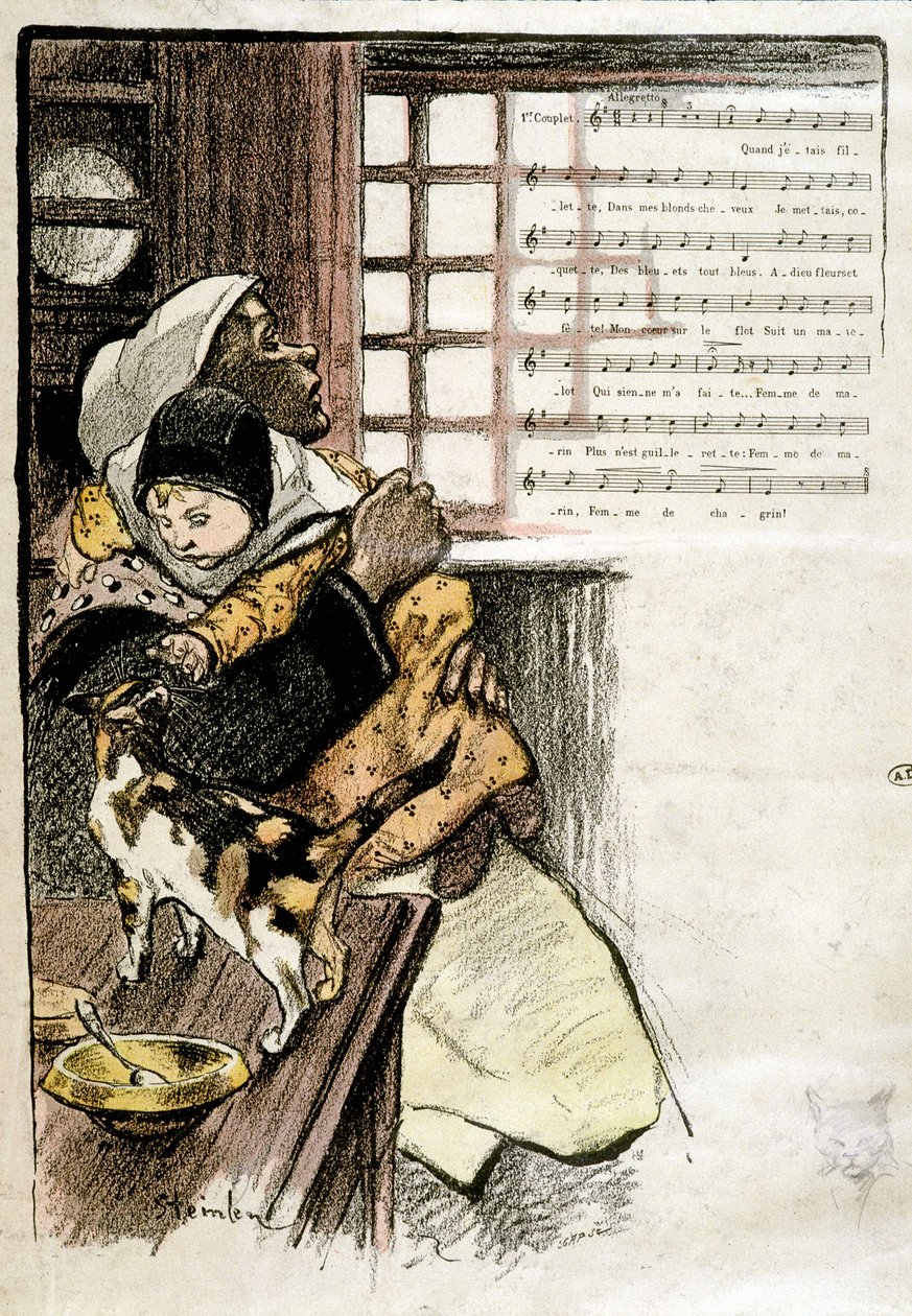 女性に抱かれた子供が猫と遊んでいる様子（イラスト楽譜のためのスタインレン、S.D. 19e s. 作： テオフィルアレクサンドル・スタインレン