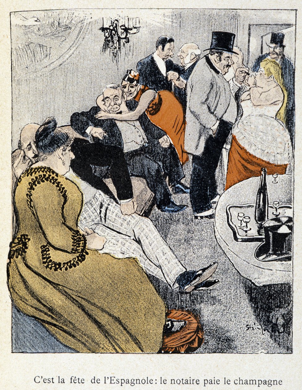 Filles et Marlous：スペイン人の祝日：公証人がシャンパンを払う-スタインレン作「Dans la vie」1901年（No.27695と同じ絵柄 作： テオフィルアレクサンドル・スタインレン