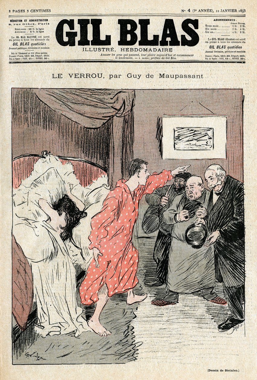 Guy de Maupassantの短編小説「The lock」のSteinlenによるイラスト。愛の渦に巻き込まれた非合法のカップル - Adultere, surprise.Gil Blas 4号（1月22日発売）の表紙 作： テオフィルアレクサンドル・スタインレン