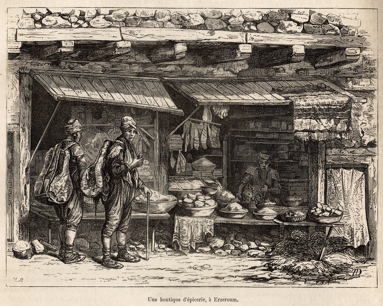 エルゼローム（アルメニア）の食料品店。1869年にテオフィル・デイロルがラツィスタンとアルメニアの旅を描いたものを、筆者が描いたものをもとに彫刻したもので、Edouard Charton編集の『Le tour du monde』1875年版に掲載されています。 作： テオフィルルイ・デロール