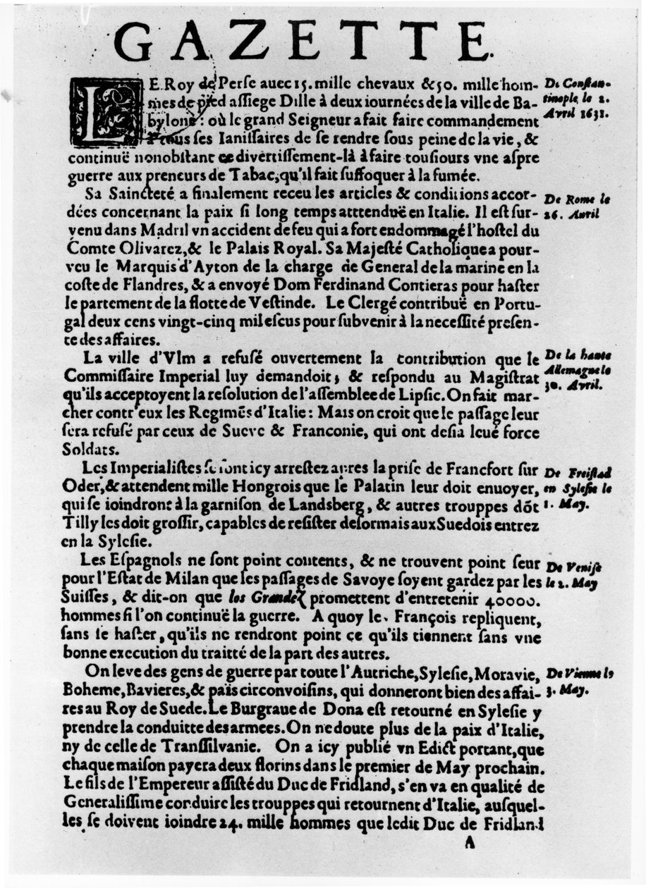 1632年のキングオブペルシャによるバビロン近くの町の包囲を描いた「ラガゼット」のテキストのページ 作： テオフラスト・レナドット
