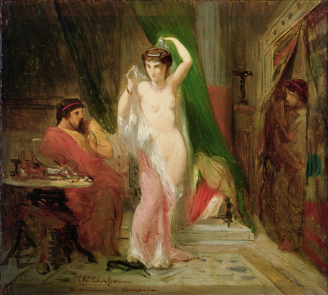 リディアの王であるカンダウレ、女王の美しさを彼の親密なジジェスに見せた、1850 作： テオドール・シャッセリオー