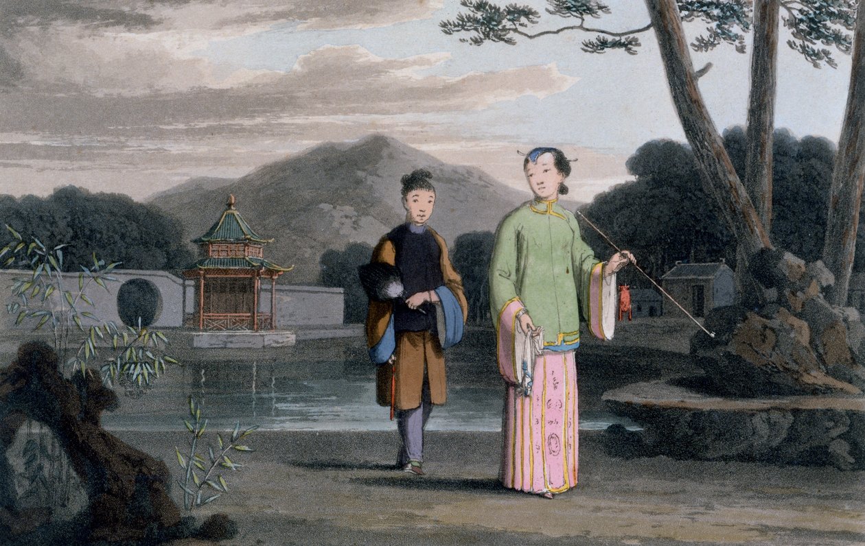 パビリオンを背景に持つ中国の女性、「中国の方法によるインドへの絵のような旅」、1810年 作： トーマスとウィリアム・ダニエル