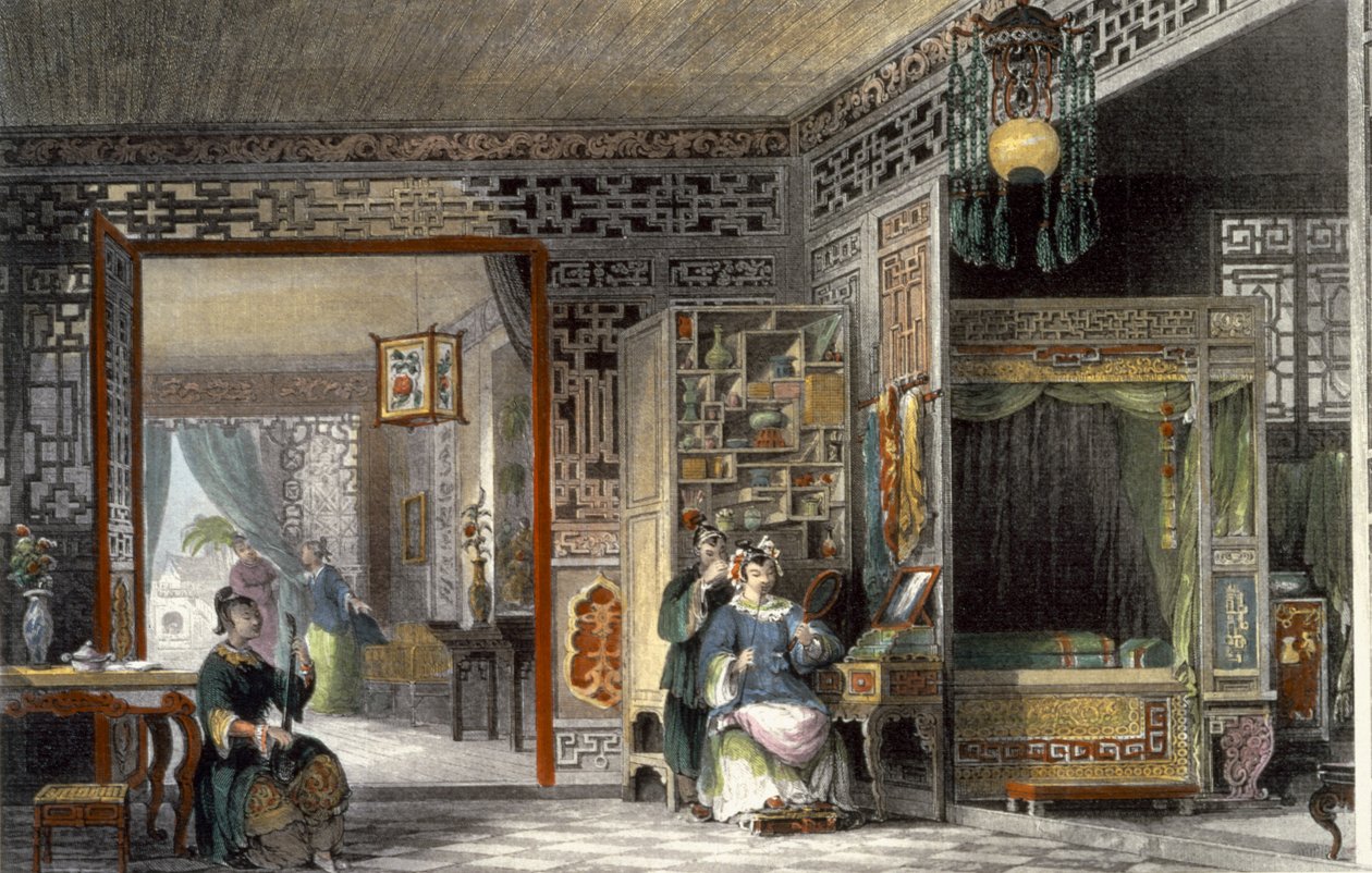 ジョージ・ニューナム・ライト（1790〜1877年頃）の「観覧のシリーズの中国」からの階級の女性の私室とベッド・チャンバー1843 作： トーマス・アロム