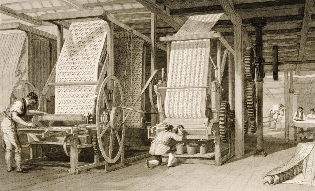 ジェームズカーター（1798-1855）c.1830（リトグラフ）によって刻まれた綿工場でのカリコ印刷 作： トーマス・アロム