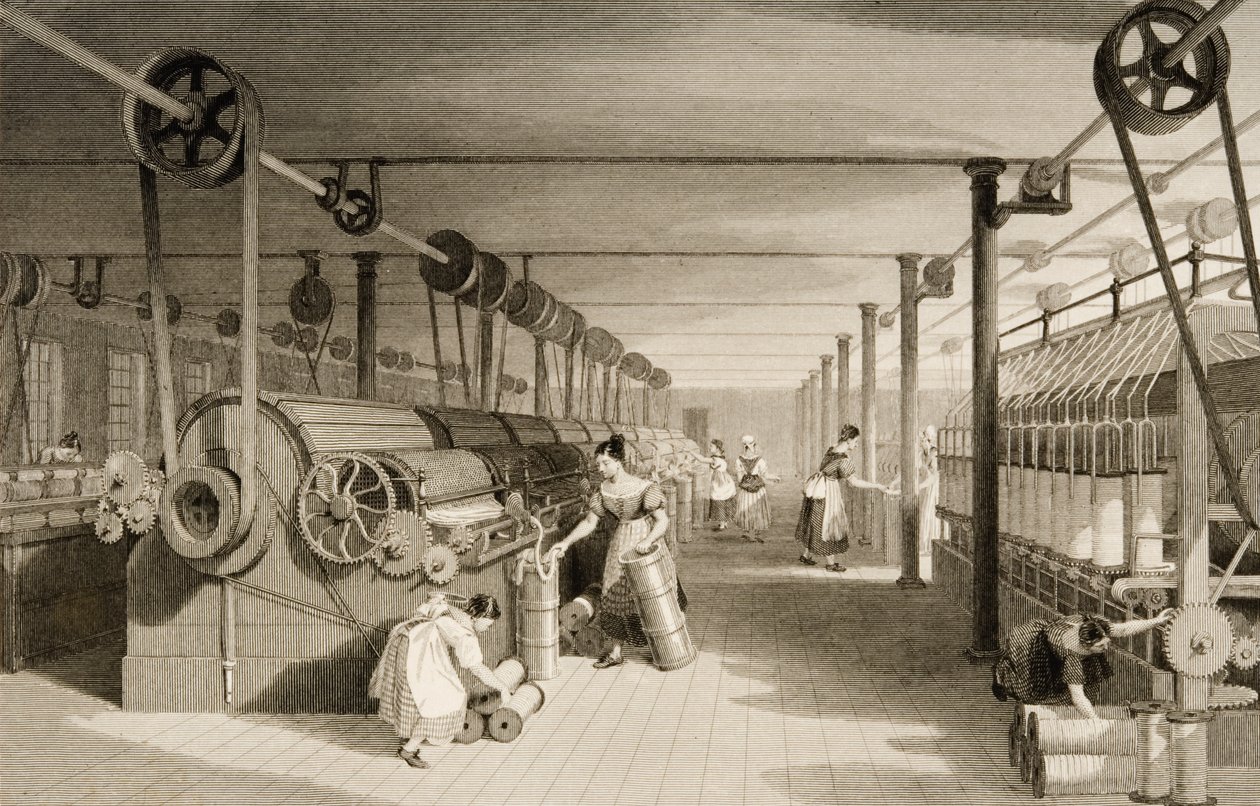 カーディング、ドローイング、ロービング、コットン工場の床、ジェームス・ティングル（fl.1830-60）c.1830によって彫刻 作： トーマス・アロム