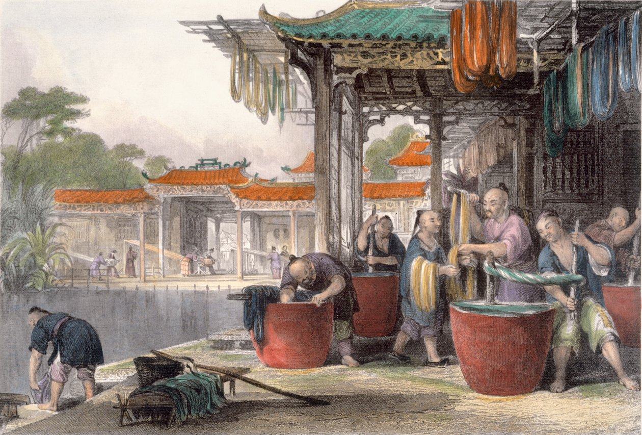 1843年にG.パターソンによって彫刻されたジョージニューウェナムライト（c.1790-1877）の「一連の眺めの中の中国」のシルクの染色と巻上げ 作： トーマス・アロム